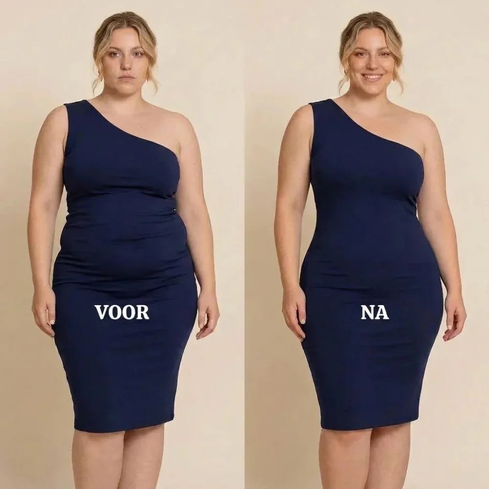 Voor en na in een blauwe jurk