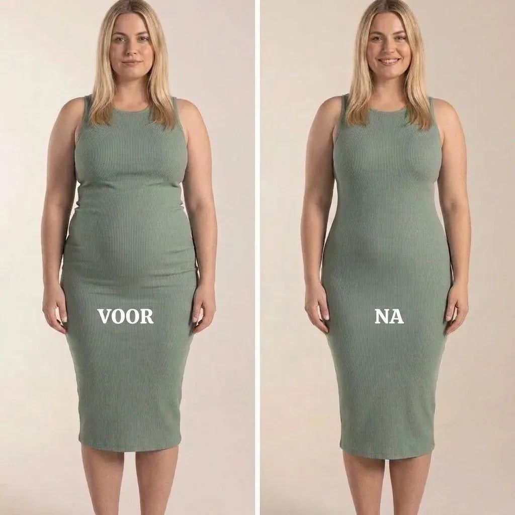 Voor en na in een groene jurk